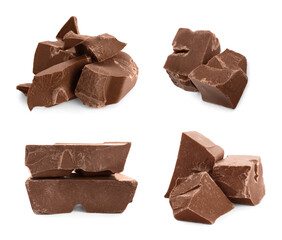 Set with pieces of delicious milk chocolate on white background