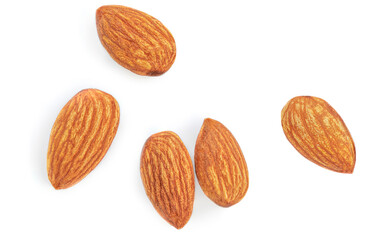 Almonds isolated on white background. Almond nuts close up. Top view. Flat lay
