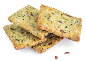 Salted crispy crackers with sesame, rosemary and sunflower seeds isolated on white background....