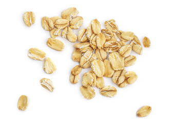Oat flakes isolated on white background. Pile of oatmeal top view.