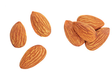 Almonds isolated on white background. Almond nuts Macro. Top view. Flat lay.