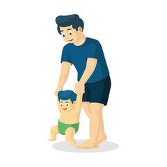 Vector cartoon father teaching his son to walk. Isolated white background. A man and a babe are beginning to walk.  Flat style. Dad holds the child by the hand.