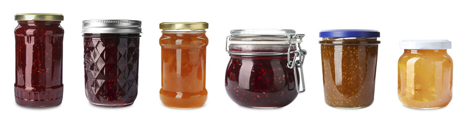 Set of jars with delicious jams on white background. Banner design