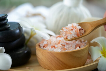 salt spa, treatment on wooden table