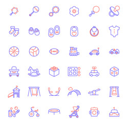 Set of baby and toy icons line style. It contains such Icons as rattle, socks, shoes, diaper, nappy, bib, ball, plaything, stroller, baby carriage and other elements.