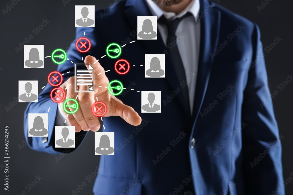 Poster access to documents. man using virtual screen with scheme, closeup