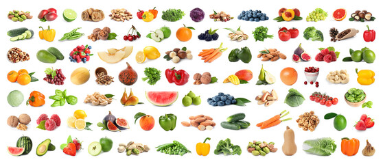 Ensemble de fruits, légumes. baies et noix sur fond blanc. Conception de bannière