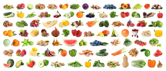 Crédence de cuisine en verre imprimé Légumes frais Ensemble de fruits, légumes. baies et noix sur fond blanc. Conception de bannière