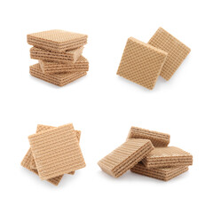 Set of delicious crispy wafers on white background. Sweet food