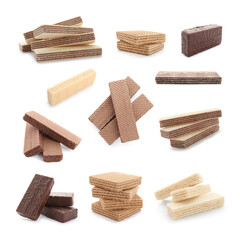 Set of different delicious crispy wafers on white background. Sweet food