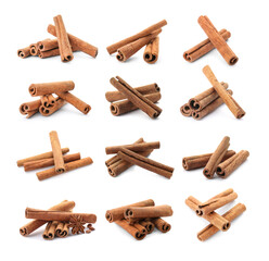 Set with aromatic cinnamon sticks on white background