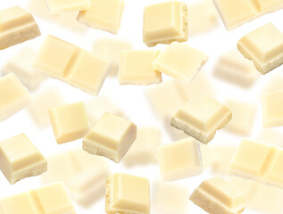 Set with delicious chocolate pieces on white background