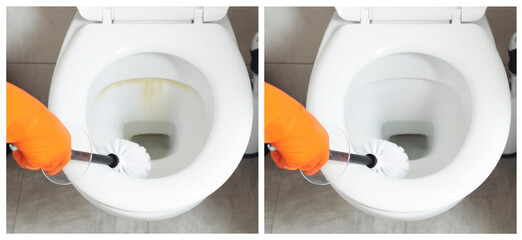 Woman cleaning toilet bowl with brush in bathroom, closeup. Before and after