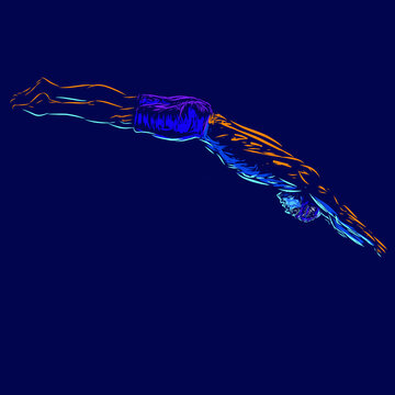 recommend clip art: Man swimming line pop art potrait logo colorful design with dark background. Abstract swimmer vector illustration. Isolated black background for t-shirt, poster, clothing, merch, apparel, badge design
