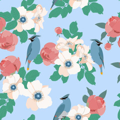 Peonies and birds. Seamless spring vector illustration on blue background.
