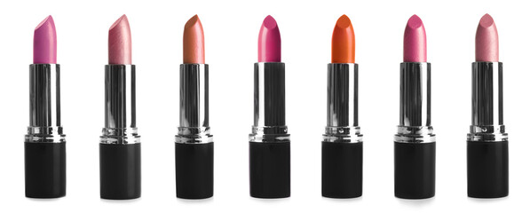 Set with different lipsticks on white background, banner design