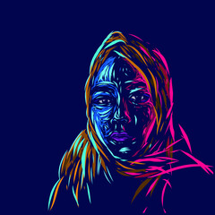 the moslem islamic arabic woman line pop art potrait logo colorful design with dark background. Isolated black background for t-shirt, poster, clothing, merch, apparel, badge design