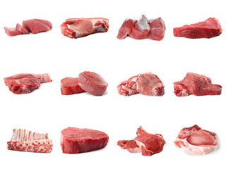 Set with raw meat on white background