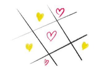 Abstract backgrounds. Hand drawn various shapes and doodle objects. X O table game, yellow heart, red. Red, happy. Yellow is not perfect. On a isolated white background.
