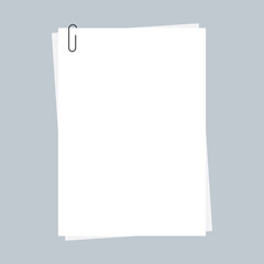 Blank white paper with black paper clip. Flat vector illustration.