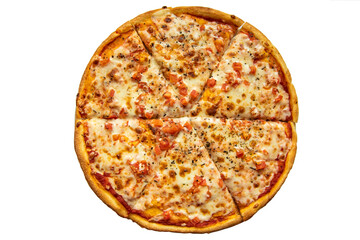 Tasty margarita pizza isolated on white top view