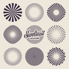 Vintage sunburst collection. Bursting sun rays. Fireworks. Radial sunset beams. Vector illustration.