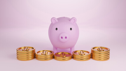 Piggy bank and some gold coins placed on pink background.Finance business and money investment concept.3d illustration rendering