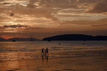 Fototapeta premium people walking at the beach on beautiful summer sunset