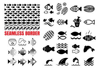 Fish Icon and Waves Borders Collection Isolated