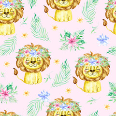 seamless tropical pattern with a lion. Watercolor cartoon lion savanna animal illustration. Jungle savannah tropical exotic summer print.