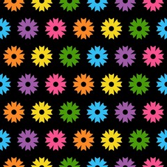 Seamless Pattern of spring and summer flowers. Bright flowers. olorful flowers on black background. Cute floral pattern cartoon decoration.
