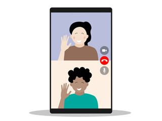 vector illustration of girl and boy meet with video call when social distancing. mobile video call user interface.