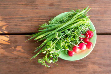 Fresh green onion parsley radish on a plate on the table. Vegetarian healthy food