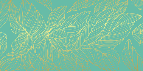 Luxury gold and nature  background vector. Floral pattern, Golden split-leaf plant with abstract line arts, Vector illustration.