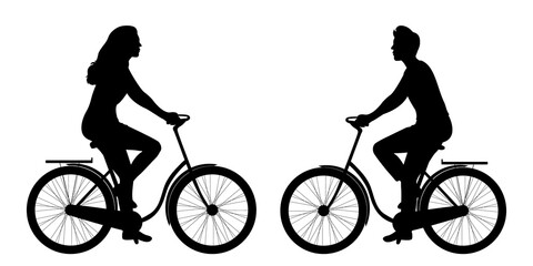 Silhouettes of a man and a woman on a bicycle isolated on a white background. Sports and outdoor activities. Healthy lifestyle. Vector illustration