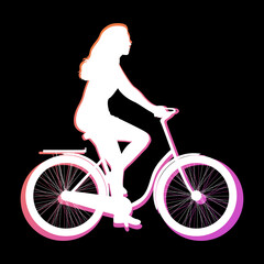 Obraz na płótnie Canvas Silhouette of a woman on a bicycle isolated on a black background. Sports and outdoor activities. Healthy lifestyle. Vector illustration