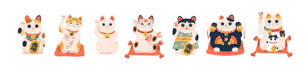 Set of different Japanese lucky cat maneki neko vector illustration. Collection of cute oriental feline figure with raised paw for attracting money and luck isolated. Traditional Asian toy symbol