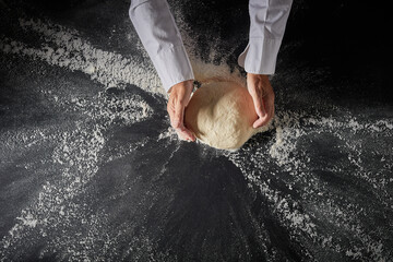 Baker or chef kneading a mound of dough