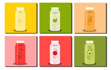 Set of various honey juice bottle. Apple, Avocado, Banana, Coconut, Orange, Watermelon. Juice Bottle Collection. Flat design. Vector Illustration.