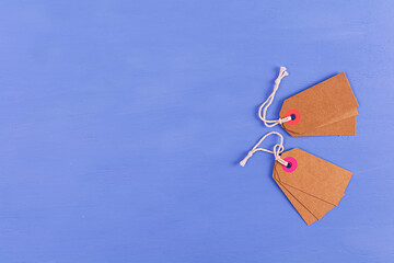 Blank label tag isolated on blue background. Price tag. Sale concept.