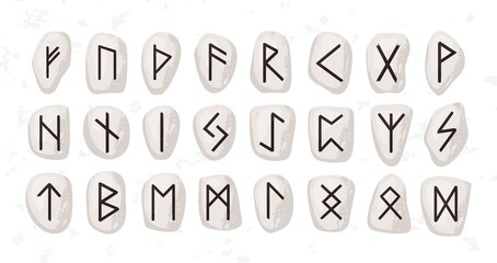Old runic alphabet or hieroglyphics carved on stones vector flat illustration. Set of scandinavian or anglo saxon runes isolated. Ancient sacral symbols, vikings letters, rune font or script