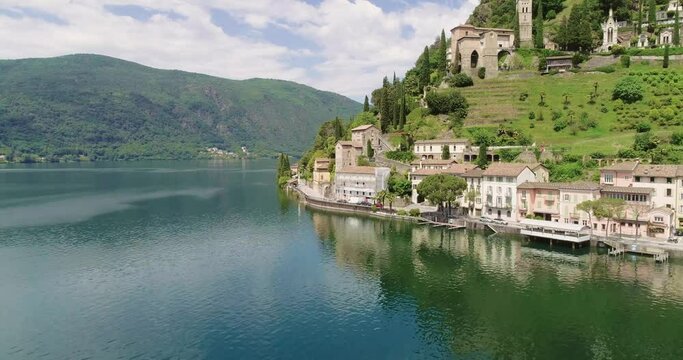 Top view, shot with the drone. Morcote a small Swiss town near Lugano