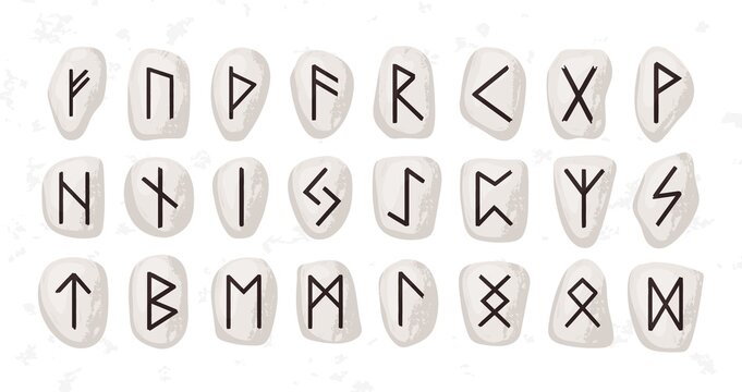 Old runic alphabet or hieroglyphics carved on stones vector flat illustration. Set of scandinavian or anglo saxon runes isolated. Ancient sacral symbols, vikings letters, rune font or script