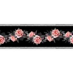 Beautiful black seamless border with pink roses in vintage style