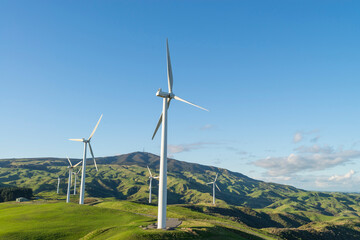 Wind farm under a clear blue sky morning in Te Apiti, New Zealand © seanliew