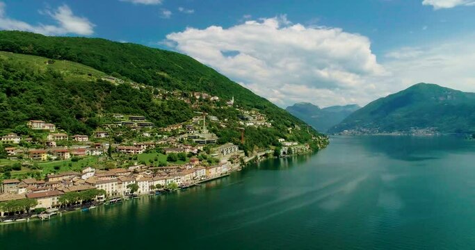 Top view, shot with the drone. Morcote a small Swiss town near Lugano