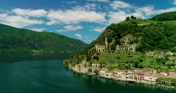 Top view, shot with the drone. Morcote a small Swiss town near Lugano