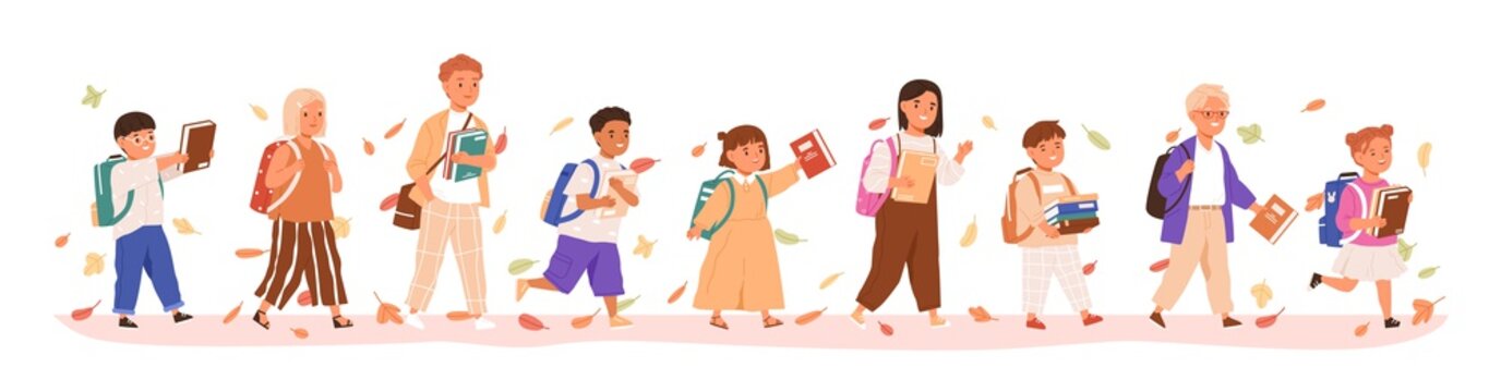 Set of boys and girls going to elementary or middle school vector illustration. Happy pupils holding books surrounded by autumn leaves isolated on white. Collection of children with backpack or bag