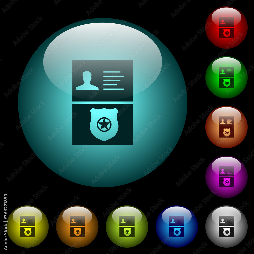 Poster Police id and badge icons in color illuminated glass buttons