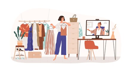 Woman personal stylist consulting client online vector flat illustration. Female demonstrate clothes to computer isolated. Consultation to wardrobe parsing, choosing outfit and sorting apparel